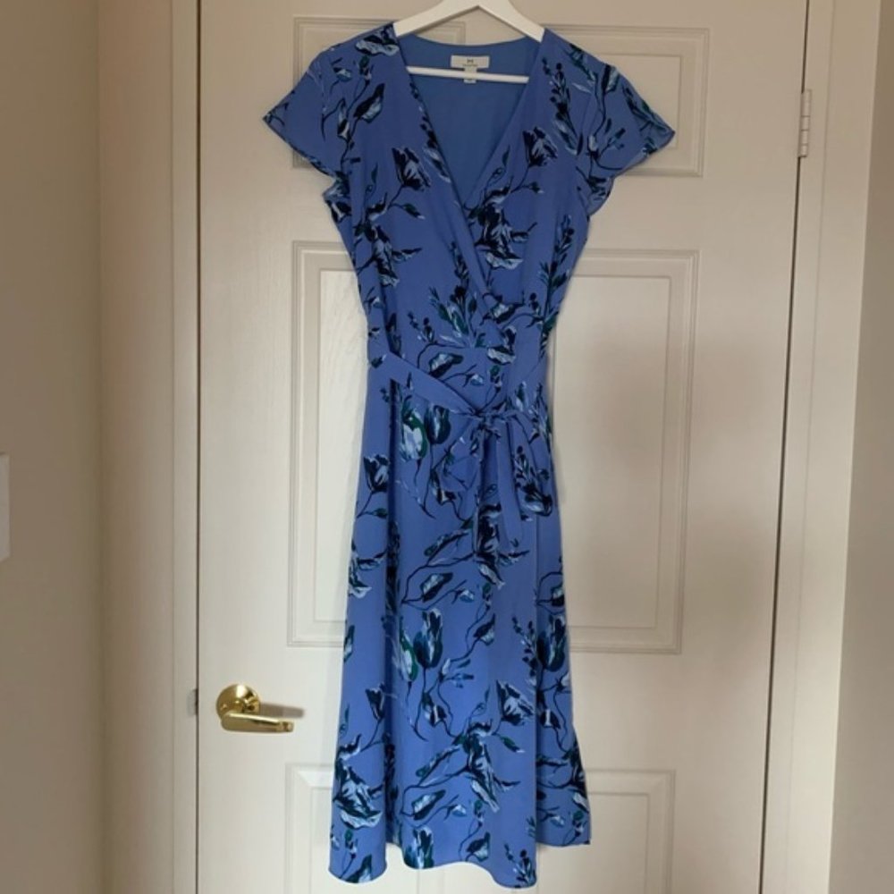 Halston Blue Summer Floral Midi Wrap Dress Small